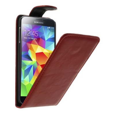 Samsung Galaxy S5 (S5 Neo) klasikinis atverčiamas raudonas odinis dėklas / Priedai.lt