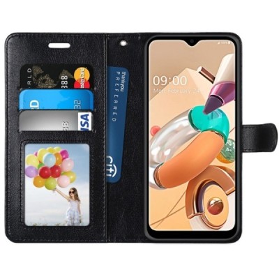LG K51s (LM-K510) atverčiamas juodas odinis dėklas, knygutė - piniginė | Priedai.lt