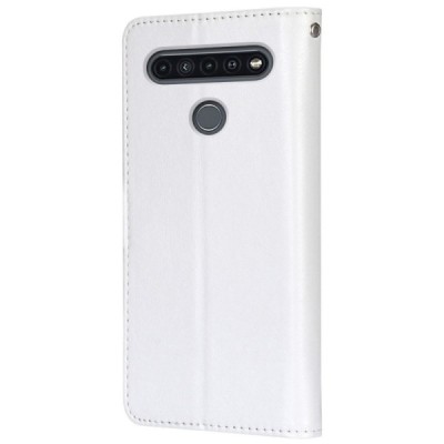 LG K51s (LM-K510) atverčiamas baltas odinis dėklas, knygutė - piniginė | Priedai.lt