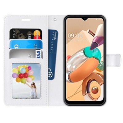 LG K51s (LM-K510) atverčiamas baltas odinis dėklas, knygutė - piniginė | Priedai.lt