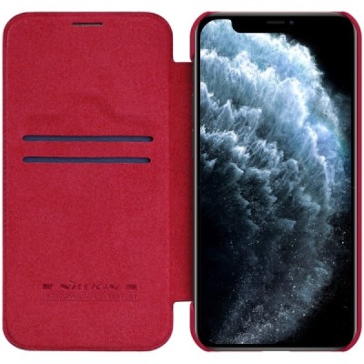 Prabangus „Nillkin“ Qin serijos raudonas odinis atverčiamas Apple iPhone 12 (12 Pro) dėklas | Priedai.lt