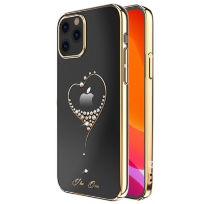 Apple iPhone 12 (12 Pro) Kingxbar Crystal  Love Swarovski plastikinis skaidrus permatomas auksinis dėklas su kristalais | Prieda