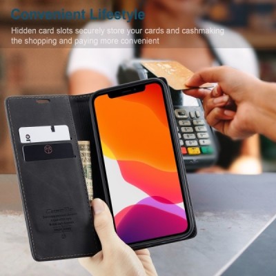 Apple iPhone 12 (12 Pro) CaseMe Retro solidus atverčiamas juodas odinis dėklas - knygutė | Priedai.lt