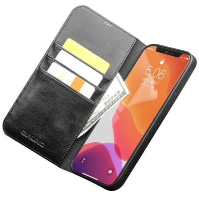 Apple iPhone 12 Mini „QIALINO“ atverčiamas juodas odinis dėklas - knygutė  Priedai.lt