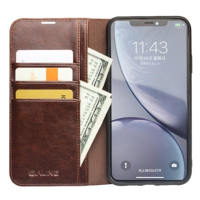 Apple iPhone 11 „QIALINO“ atverčiamas rudas odinis dėklas - knygutė  Priedai.lt