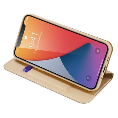 „Dux Ducis“ Skin serijos Apple iPhone 12 Mini auksinis odinis atverčiamas dėklas | Priedai.lt