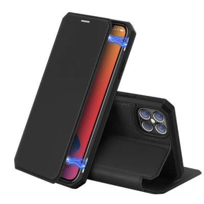 Dux Ducis Skin X serijos Apple iPhone 12 Pro Max juodas odinis atverčiamas dėklas | Priedai.lt