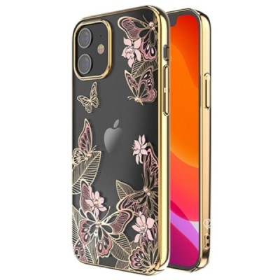 Apple iPhone 12 Mini Kingxbar Butterflies Swarovski plastikinis skaidrus permatomas auksinis dėklas su kristalais | Priedai.lt
