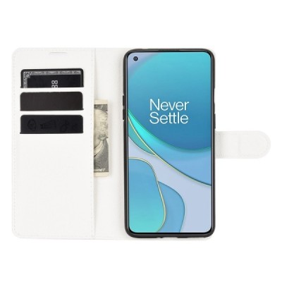 OnePlus 8T „Litchi“ atverčiamas baltas odinis dėklas, knygutė - piniginė | Priedai.lt