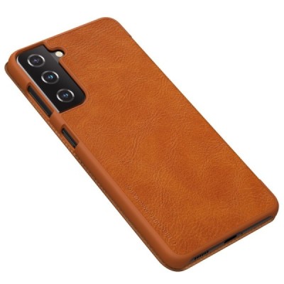 Samsung Galaxy S21+ (G996B) prabangus Nillkin Qin serijos rudas odinis atverčiamas dėklas - knygutė | Priedai.lt