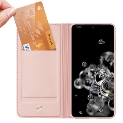 Dux Ducis Skin serijos Samsung Galaxy S21 (G991B) rožinis odinis atverčiamas dėklas | Priedai.lt