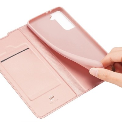 Dux Ducis Skin serijos Samsung Galaxy S21 (G991B) rožinis odinis atverčiamas dėklas | Priedai.lt
