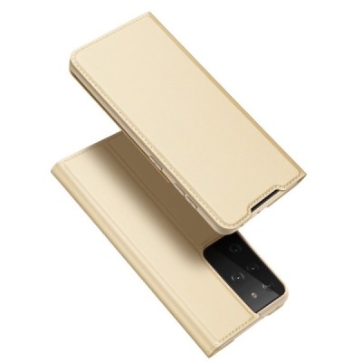 Dux Ducis Skin serijos Samsung Galaxy S21 Ultra (G998B) auksinis odinis atverčiamas dėklas | Priedai.lt