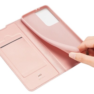 Dux Ducis Skin serijos Samsung Galaxy S21 Ultra (G998B) rožinis odinis atverčiamas dėklas | Priedai.lt
