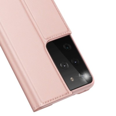 Dux Ducis Skin serijos Samsung Galaxy S21 Ultra (G998B) rožinis odinis atverčiamas dėklas | Priedai.lt