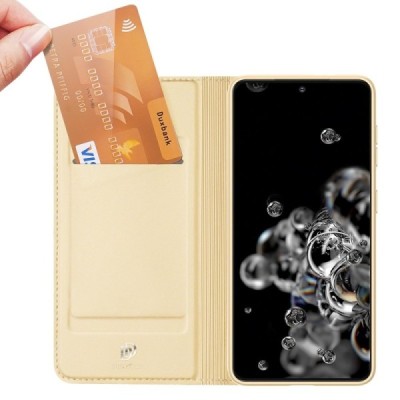 Dux Ducis Skin serijos Samsung Galaxy S21+ (G996B) auksinis odinis atverčiamas dėklas | Priedai.lt