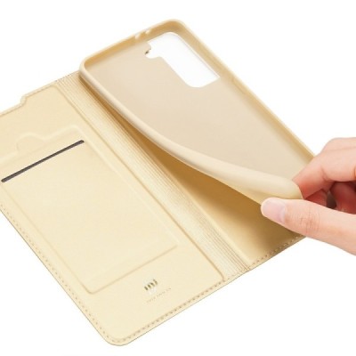 Dux Ducis Skin serijos Samsung Galaxy S21+ (G996B) auksinis odinis atverčiamas dėklas | Priedai.lt