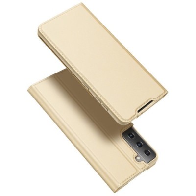 Dux Ducis Skin serijos Samsung Galaxy S21+ (G996B) auksinis odinis atverčiamas dėklas | Priedai.lt