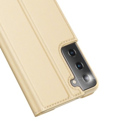 Dux Ducis Skin serijos Samsung Galaxy S21+ (G996B) auksinis odinis atverčiamas dėklas | Priedai.lt