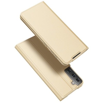 Dux Ducis Skin serijos Samsung Galaxy S21 (G991B) auksinis odinis atverčiamas dėklas | Priedai.lt