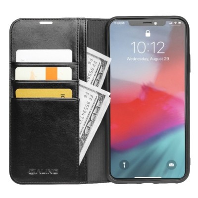 Apple iPhone 11 Pro Max „QIALINO“ atverčiamas juodas odinis dėklas - knygutė | Priedai.lt
