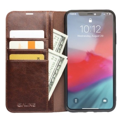 Apple iPhone 11 Pro Max „QIALINO“ atverčiamas rudas odinis dėklas - knygutė | Priedai.lt