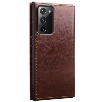 Samsung Galaxy Note 20 (N980F) „QIALINO“ atverčiamas rudas odinis dėklas - knygutė | Priedai.lt