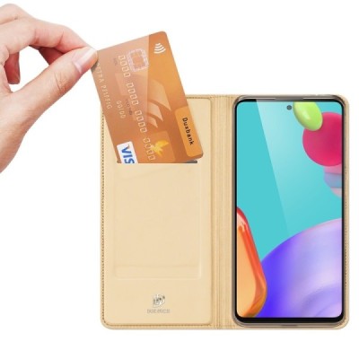 Dux Ducis Skin serijos Samsung Galaxy A52 5G (A526B, A525F) auksinis odinis atverčiamas dėklas | Priedai.lt