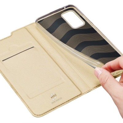 Dux Ducis Skin serijos Samsung Galaxy A52 5G (A526B, A525F) auksinis odinis atverčiamas dėklas | Priedai.lt