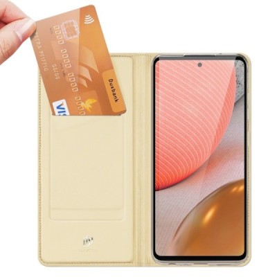Dux Ducis Skin serijos Samsung Galaxy A72 5G (A726B, A725F) auksinis odinis atverčiamas dėklas | Priedai.lt
