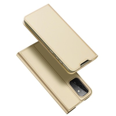 Dux Ducis Skin serijos Samsung Galaxy A72 5G (A726B, A725F) auksinis odinis atverčiamas dėklas | Priedai.lt