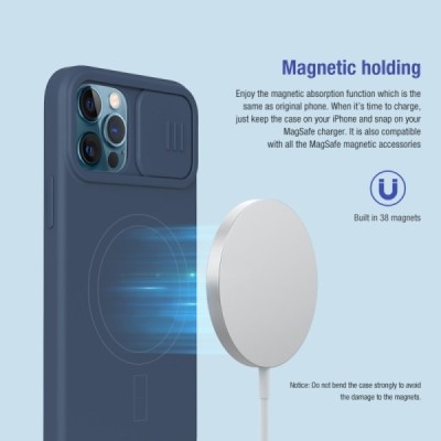 Apple iPhone 12 (12 Pro) „Nillkin“ CamShield MagSafe tamsiai mėlynas dėklas, nugarėlė su kameros apsauga | Priedai.lt