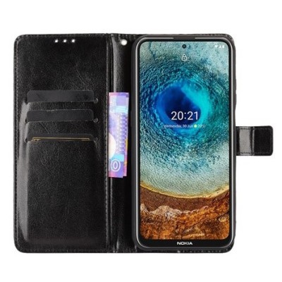 Nokia X20 (X10) atverčiamas juodas odinis dėklas, knygutė - piniginė | Priedai.lt