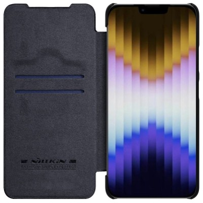 Prabangus „Nillkin“ Qin Pro serijos juodas odinis atverčiamas Apple iPhone 13 dėklas | Priedai.lt