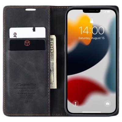 Apple iPhone 13 Pro CaseMe Retro solidus atverčiamas juodas odinis dėklas - knygutė | Priedai.lt