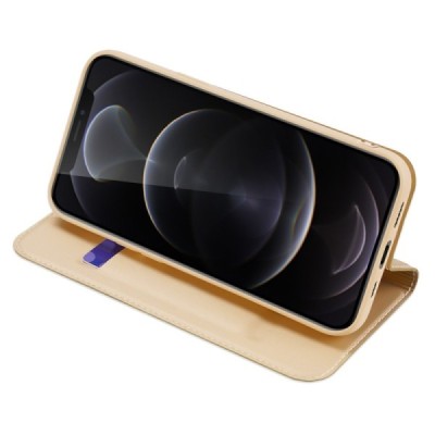 „Dux Ducis“ Skin serijos Apple iPhone 13 Pro auksinis odinis atverčiamas dėklas | Priedai.lt