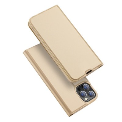 „Dux Ducis“ Skin serijos Apple iPhone 13 Pro auksinis odinis atverčiamas dėklas | Priedai.lt