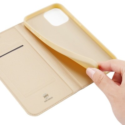 „Dux Ducis“ Skin serijos Apple iPhone 13 Mini auksinis odinis atverčiamas dėklas | Priedai.lt