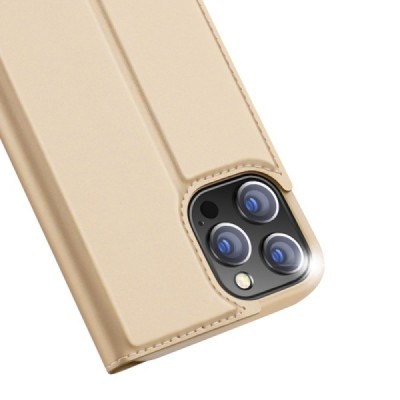 „Dux Ducis“ Skin serijos Apple iPhone 13 Pro Max auksinis odinis atverčiamas dėklas | Priedai.lt