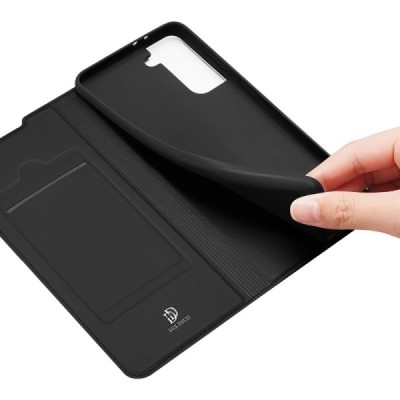 Dux Ducis Skin serijos Samsung Galaxy S21+ (G996B) juodas odinis atverčiamas dėklas | Priedai.lt