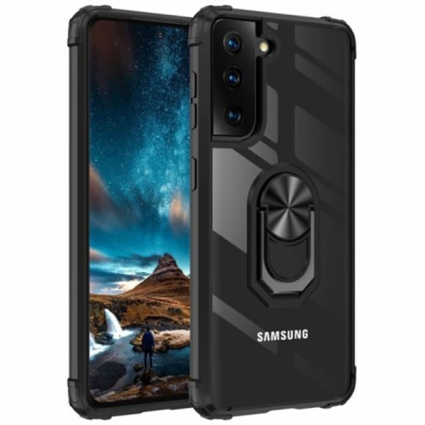„Fashion“ Kickstand Kõva silikoon (TPU) kaaned - läbipaistev / must (Galaxy S21 FE 5G)