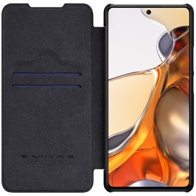 Xiaomi 11T (11T Pro) prabangus Nillkin Qin serijos juodas odinis atverčiamas dėklas - knygutė | Priedai.lt