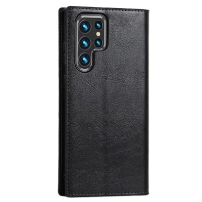 „Deluxe“ Samsung Galaxy S22 Ultra 5G (SM-S908X) juodas odinis atverčiamas dėklas | Priedai.lt
