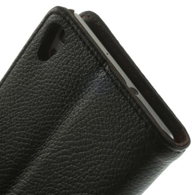Huawei Ascend P7 atverčiamas juodas odinis Litchi dėklas - piniginė / Priedai.lt