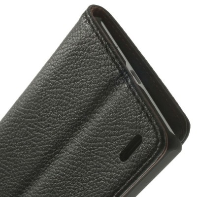 Huawei Ascend P7 atverčiamas juodas odinis Litchi dėklas - piniginė / Priedai.lt
