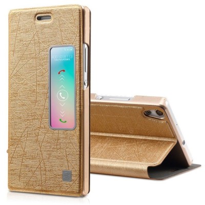 Huawei Ascend P7 šampaninis odinis atverčiamas TakeFans Charm dėklas / Priedai.lt