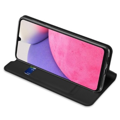 Dux Ducis Skin serijos Samsung Galaxy A33 5G (SM-A336E) juodas odinis atverčiamas dėklas | Priedai.lt