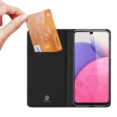 Dux Ducis Skin serijos Samsung Galaxy A33 5G (SM-A336E) juodas odinis atverčiamas dėklas | Priedai.lt