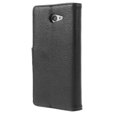Sony Xperia M2 atverčiamas juodas odinis Litchi dėklas - piniginė / Priedai.lt