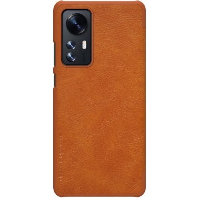 Prabangus „Nillkin“ Qin serijos rudas odinis atverčiamas Xiaomi 12 (Xiaomi 12X) dėklas | Priedai.lt